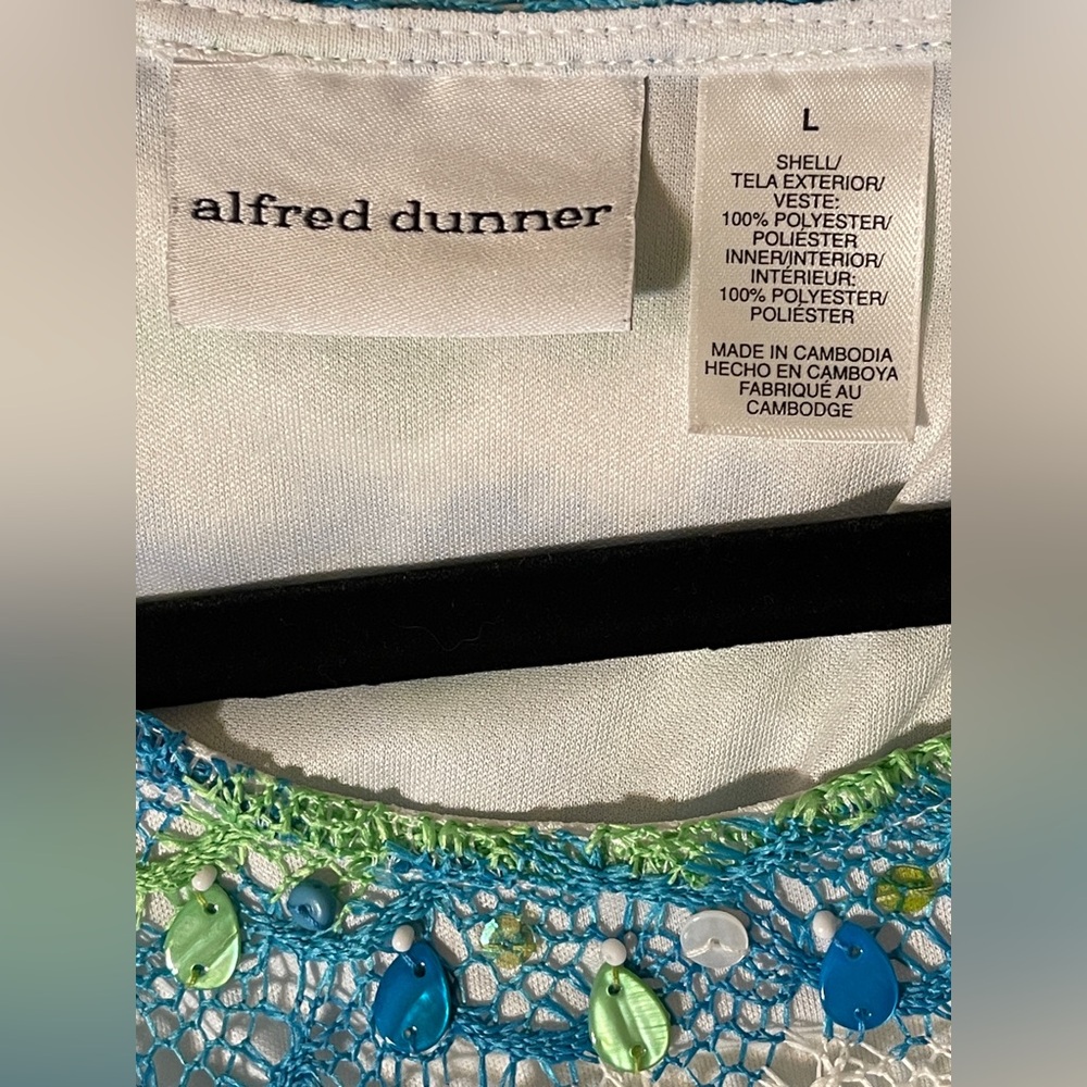 Alfred Dunner Open Knit Crochet Top Blue Green Stripe Coastal Grandma Large - Picture 4 of 6